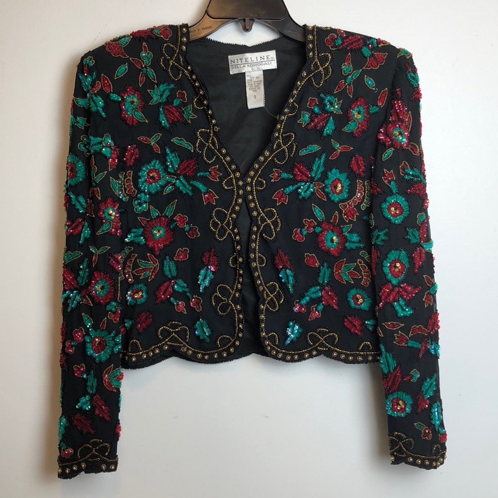 Vintage sequin beaded silk red and green floral holly Niteline Christmas jacket